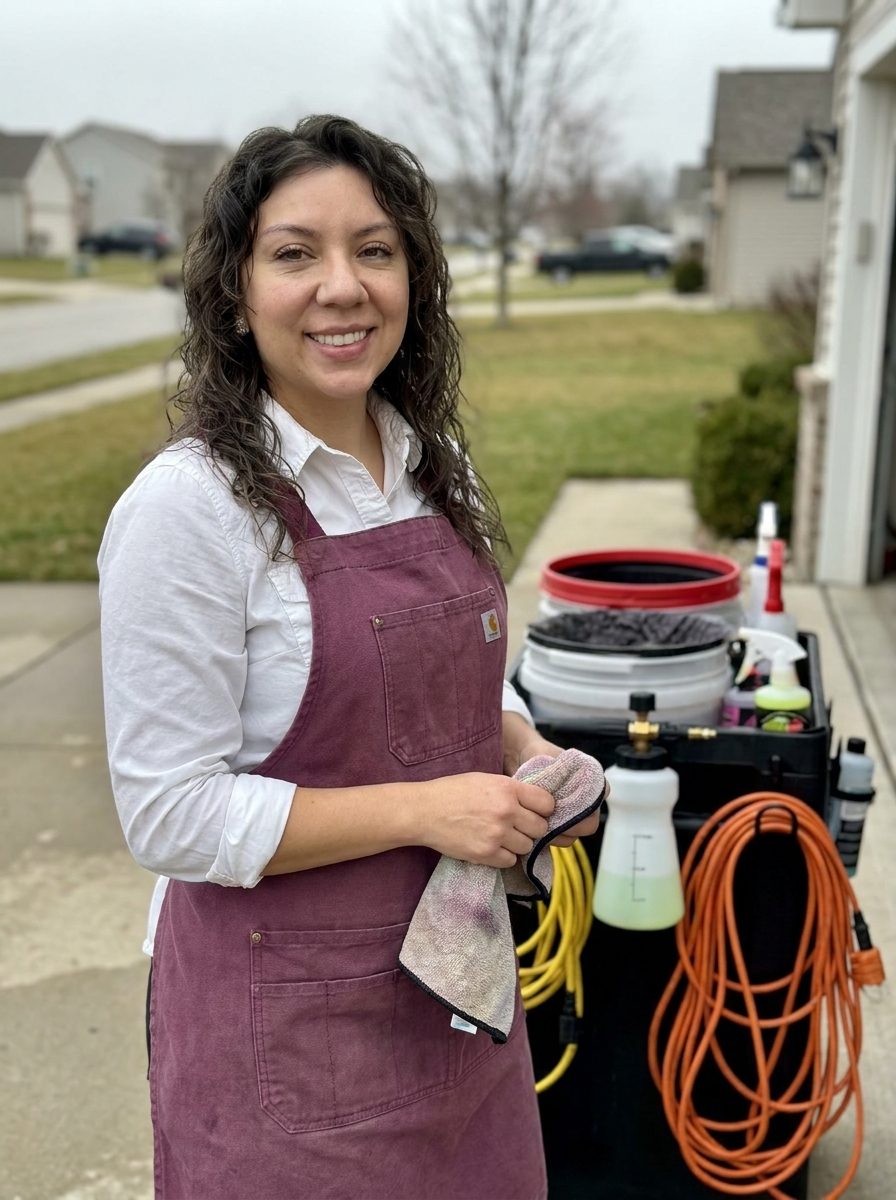 Violet, owner of Violet's Vehicle Spa, beside her mobile detailing setup